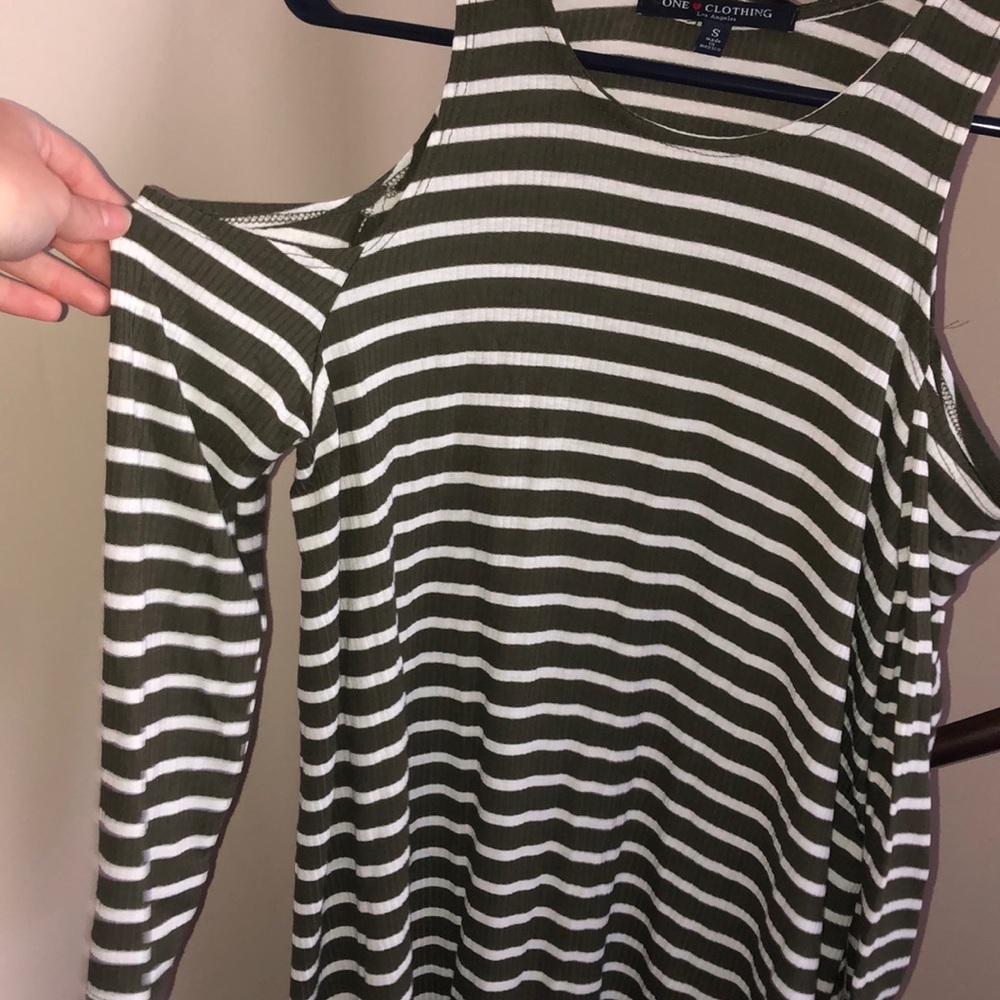 Open shoulder cut, olive green striped shirt